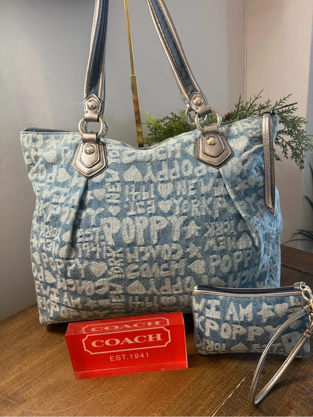 Coach Glam Denim Poppy Tote & Wristlet